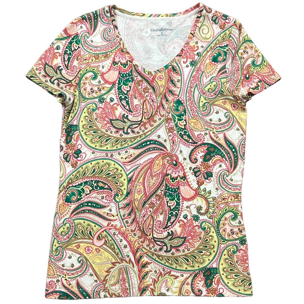 Croft & Barrow Women’s S Pink Green Paisley V Neck Short Cap Sleeve Shirt Top